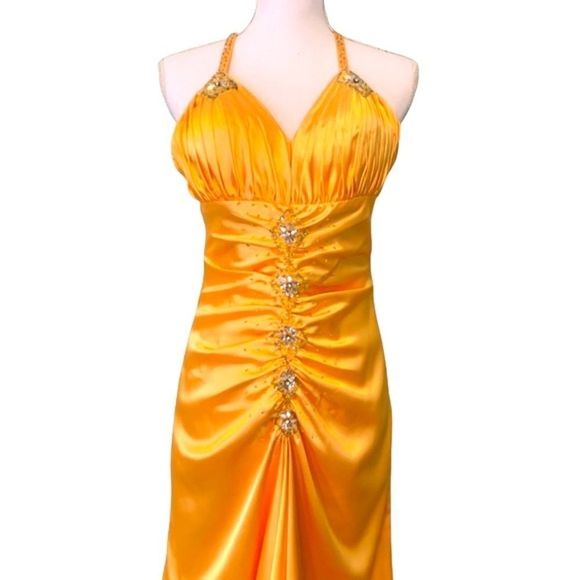 Beautiful May Queen Yellow Gold Prom/Evening Satin Dress - Picture 2 of 7